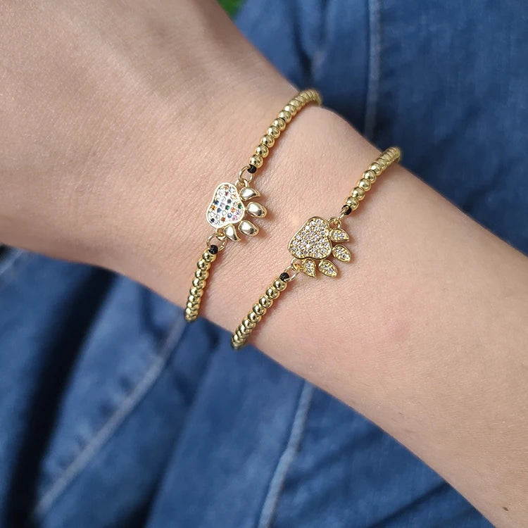 BC1480 Dainty 18K Gold CZ Paved Cat Bear Dog Animal Pet Paw Print Gold Beaded Macrame Bracelets for Girls Women