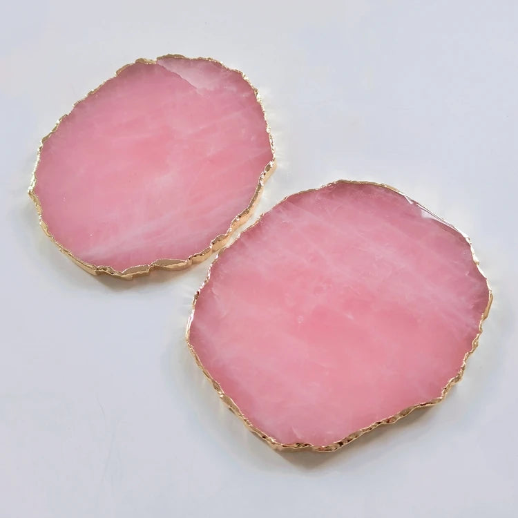 Hongzhuo Different Sizes Natural Polished Crystal Rose Quartz Slices Jade coaster with Golden Rim Crafts
