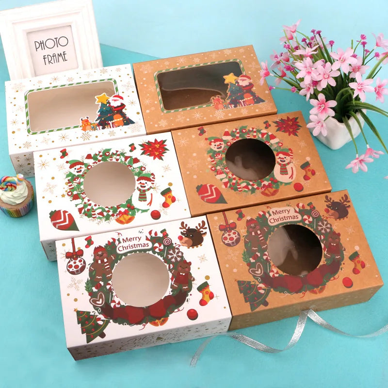 Christmas Baking Kraft Paper Packaging Box for Cupcake Muffin Cake Sushi with Matt Lamination for Dessert Christmas Decor