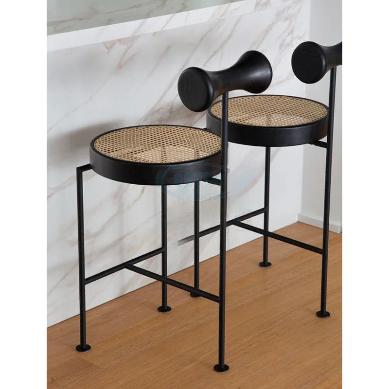 Minimalist Style Hotel Front Desk High Rattan Light Luxury Solid Wood Bar Stools
