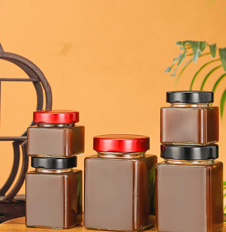 Square Glass Jam Jar Glass Honey Jar Glass Storage Jar With Black Deep Metal Lid