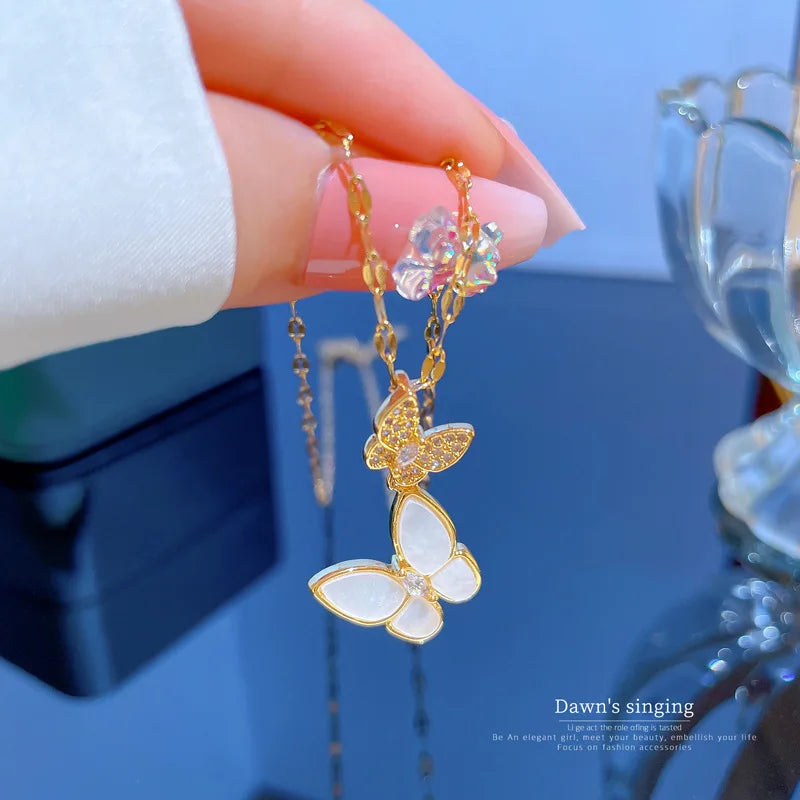 Sparkling Micro Diamond Butterfly Pendant Necklace Stainless Steel Chain Gold Plated Zircon Bling Butterfly Choker Necklace