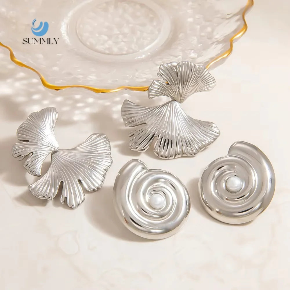 SUMMLY Vintage Wholesale Conch Ginkgo Shape Stainless Steel Earrings Handmade Fashion Jewelry Manufacturer