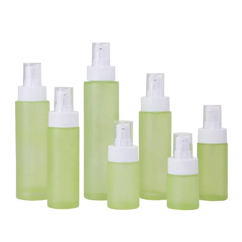 Frosted Green Lotion Pump Bottle Step Skincare Liquid Foundation 20~120ml Serum Dispenser Glass Lotion Bottles with White Pump