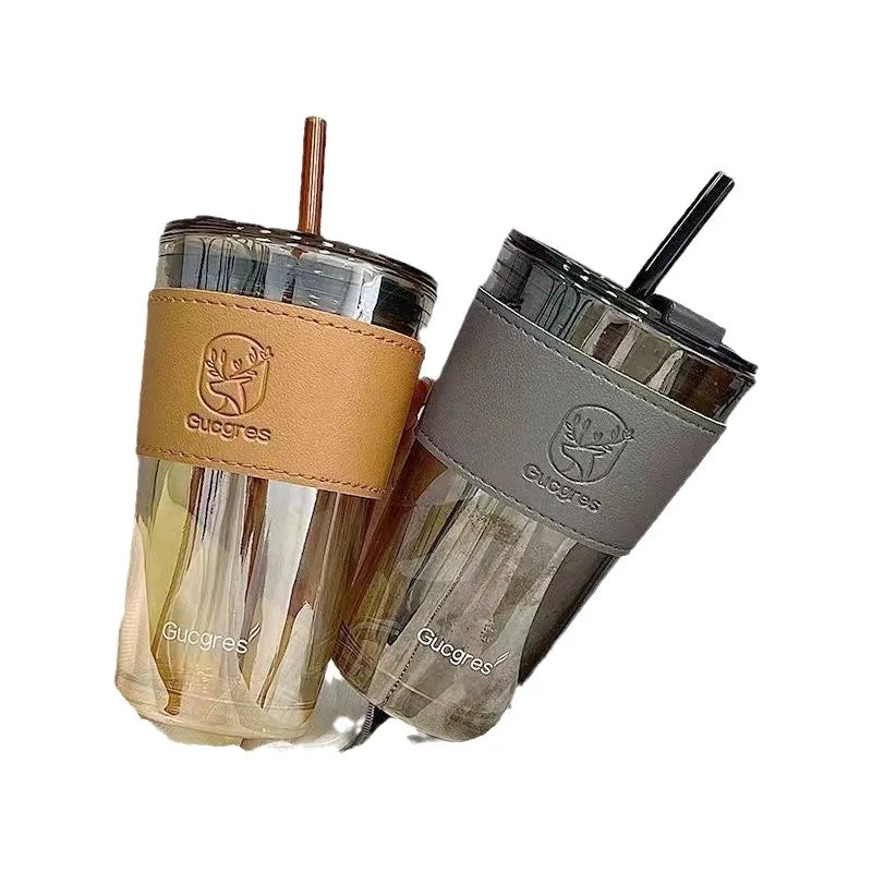 VeSub Customizable 450ml Glass Iced Coffee Cup with Leather Strap Box Packed Beer Shape Features Straw and Lid