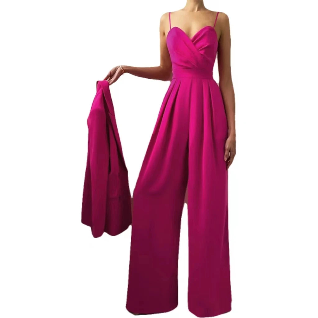 Custom Breathable Chiffon Elegant Pleated One-shoulder Suspenders Jumpsuits Women's Wide-leg Rompers