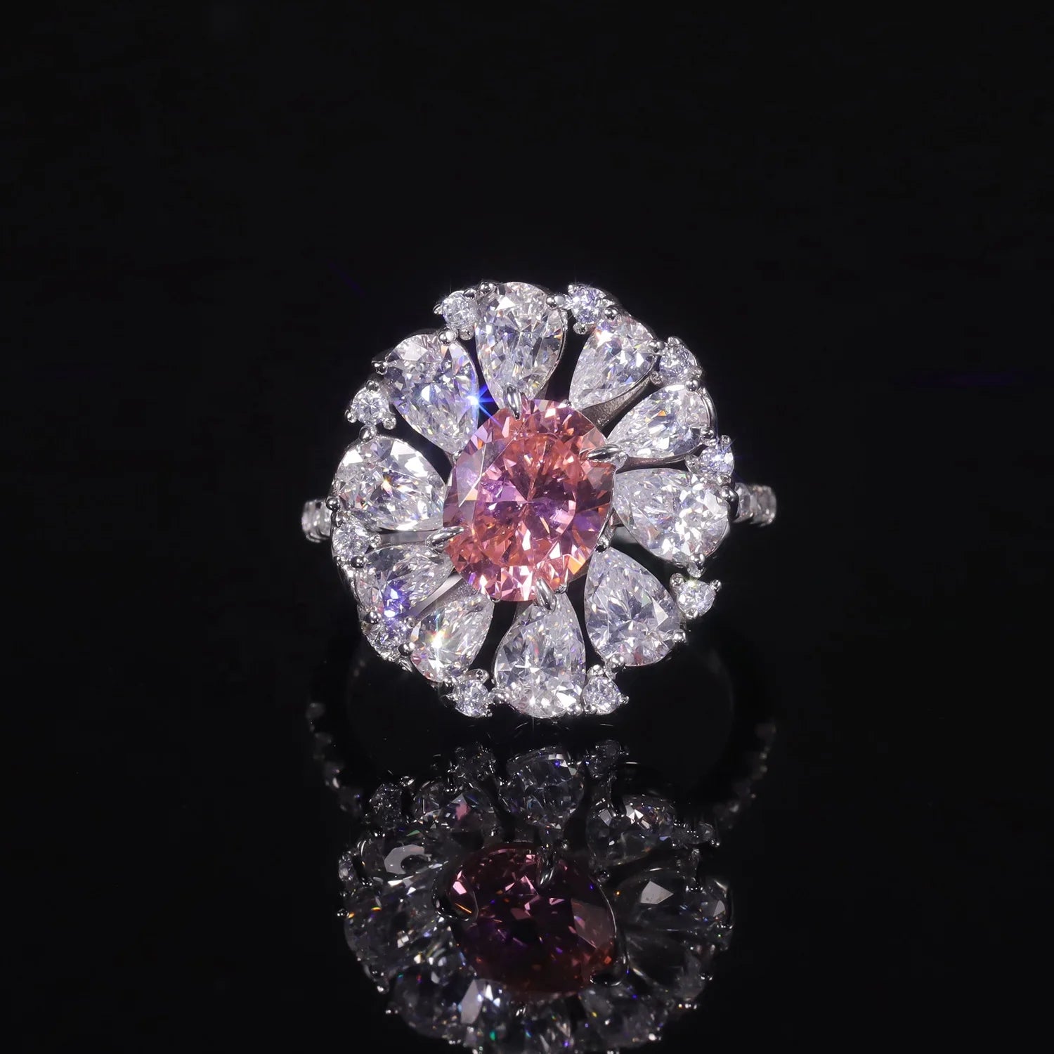 AR338 Abiding Dainty Diamond-fire Padparadscha Pink Cz 925 Silver Flower Shape Luxury Ladies Cluster Ring for Cocktail Dinner