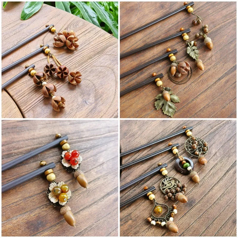 Elegant Natural Wood Dried Fruit Pendant Hairpin Geometric Gold Plated Hollow Butterfly Round Dangle Hairpin for Hair Jewelry