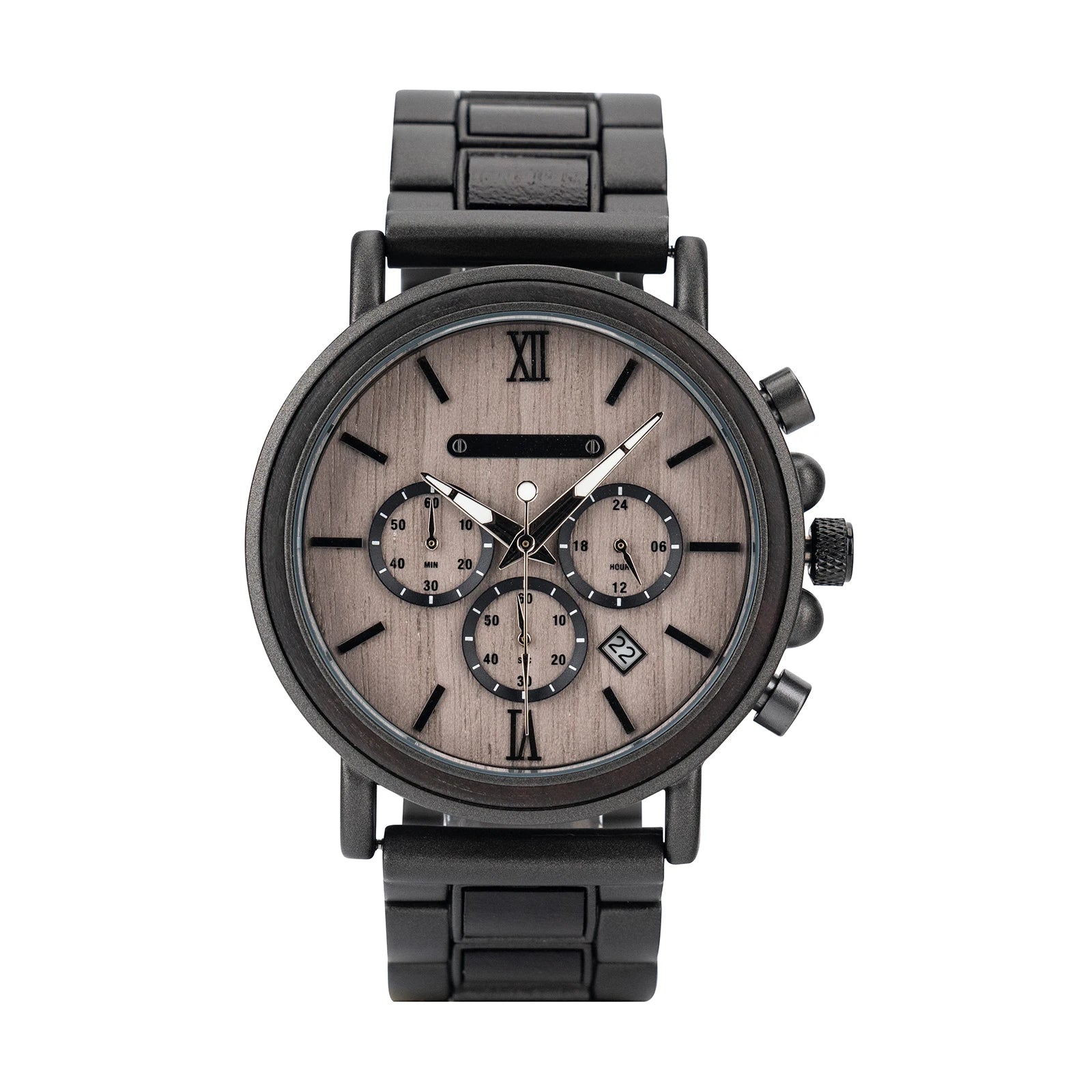 Chronograph Men's Stainless Steel Band Business Wristwatch Quartz Clock Wooden Watch with Luminous Pointers