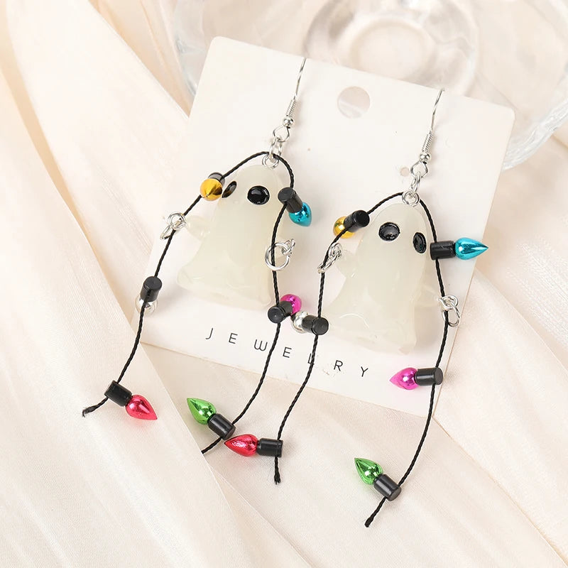 1Pair Christmas Women Drop Earrings Resin 3D Glow in Dark Ghost With Colorful Light Bulb Jewelry for Girl Festival Gifts