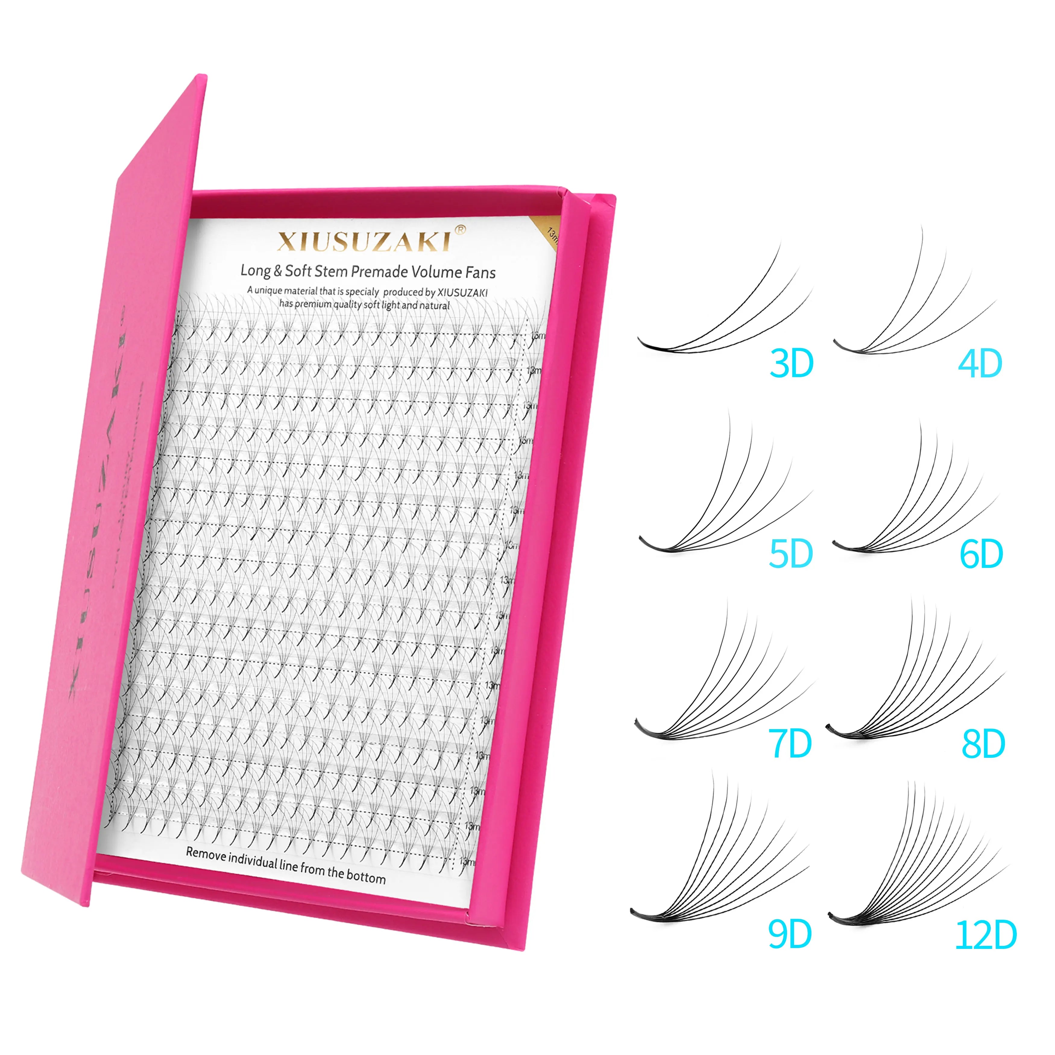 XIUSUZAKI Wholesale Supply Privated Label Pre Made Fans 3D 4D 5D 6D 7D 8D 12D 14D 16D 20D Short Stem Russian Volume Lashes