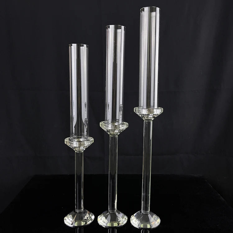 Set of 3 Glass Crystal Candlestick Candle Holder with Glass Cylinder Tube Wedding Gift MH-Z0298