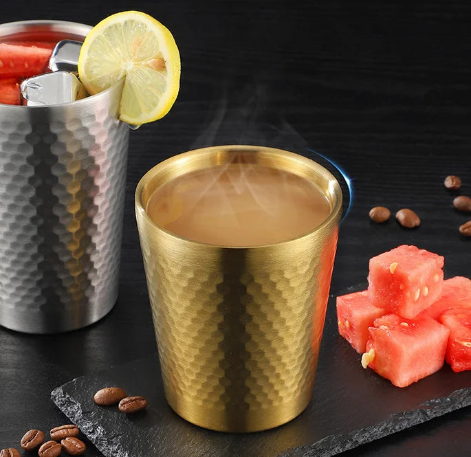 Hammered Texture Anti Fall  Stackable Metal Water Drinks Cup Drinks Milk Mugs Stainless Steel Double Wall Beer Mug Coffee Cup