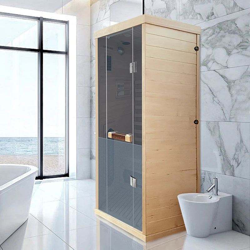 1 Person Hemlock Solid Wood Indoor Mini Infrared Sauna Room Wet Steam Function Computer Control Panel with App Remote 1700W