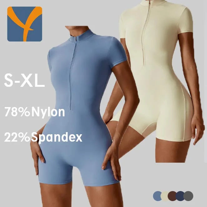 YIYI Women Short Sleeve Zip Front Bodysuit Tight Jumpsuit for Yoga Dance Workout Sports Four-way Elasticity Jumpsuit for Women
