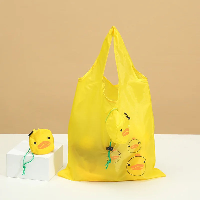 Factory Wholesale Cute Yellow Duck Polyester Fold up Reusable Shopping Bags