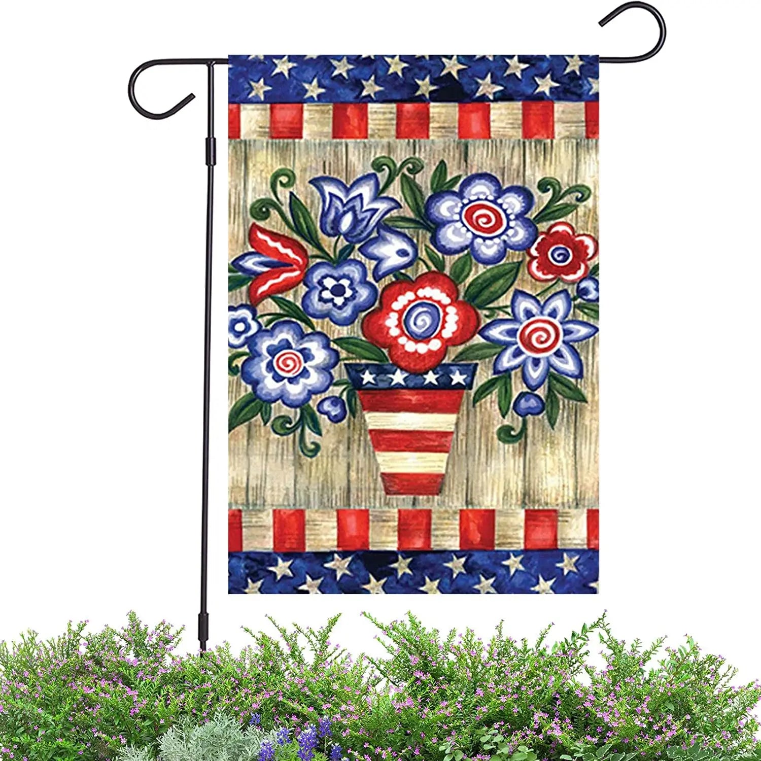 New Design Double Side Outdoor Decorative American Flag Pattern Floral Burlap Garden Flags for 4th of July Independence Day