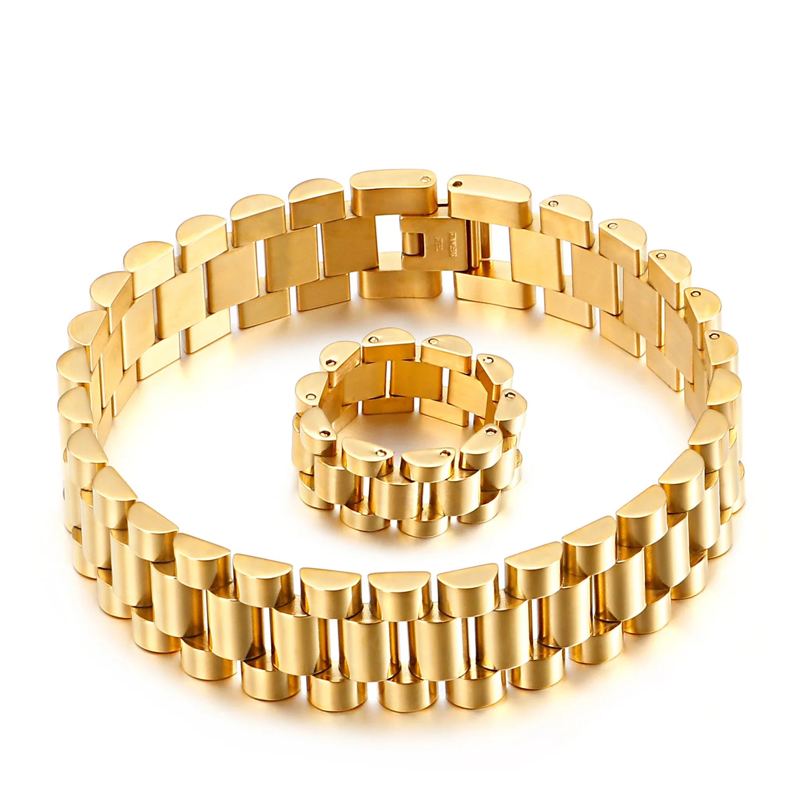 Kalen Chain Watch for Men Fashion Bracelet and  Ring Steel Jewelry Sets for Man
