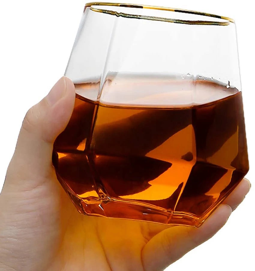 12 OZ Clear Elegant Plastic Tumblers  Old Fashioned Diamond Shape Whiskey Plastic Glasses Gold Banded