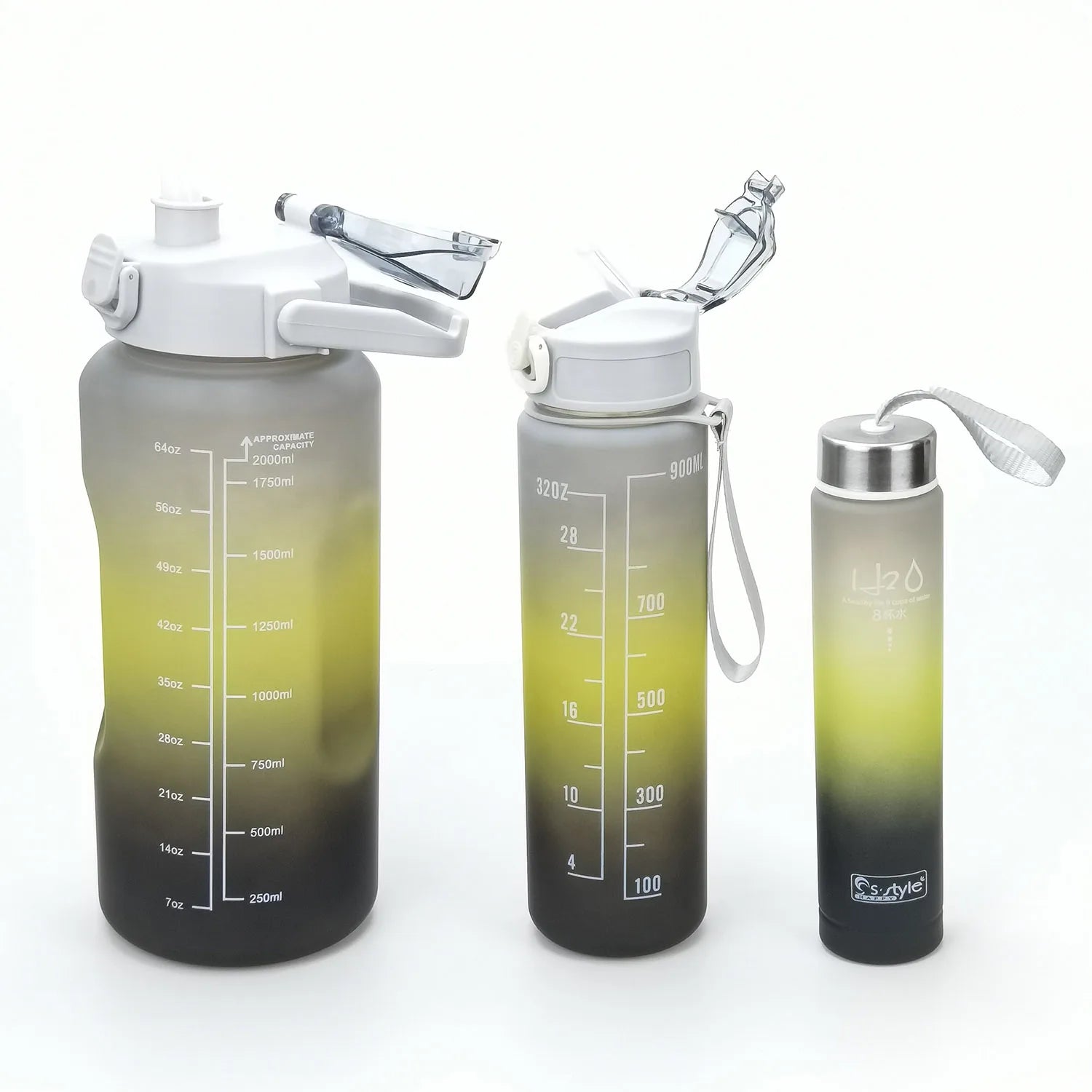 Outdoor 2000ml Plastic Bottle Set Reusable Gradient Color Water Bottle Portable Hiking Triple Bottles with Straw