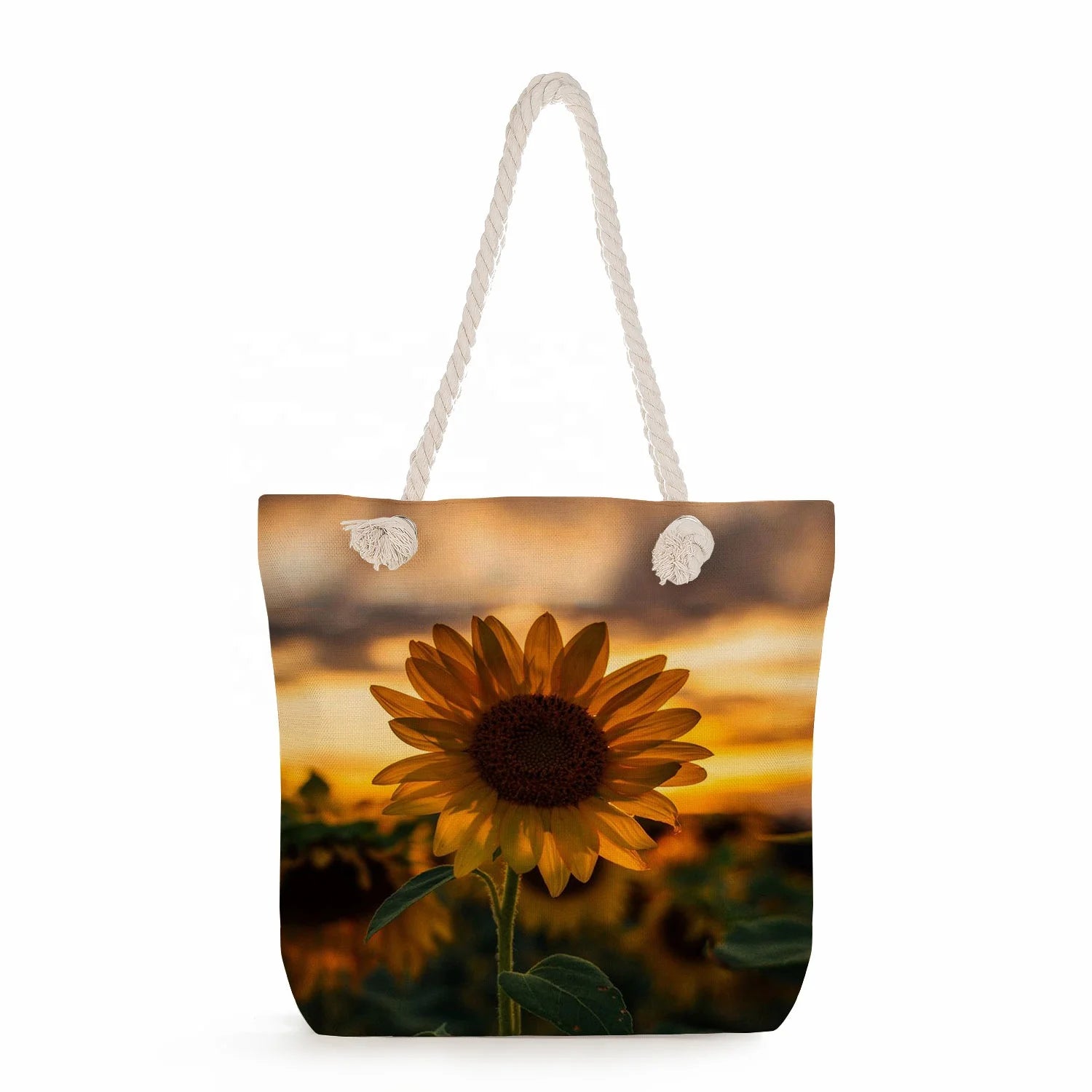 Manufacturers Direct Marketing Creative LOGO Customs Sunflower Printed Handbags Large Capacity Beach Bag with Rope Handle