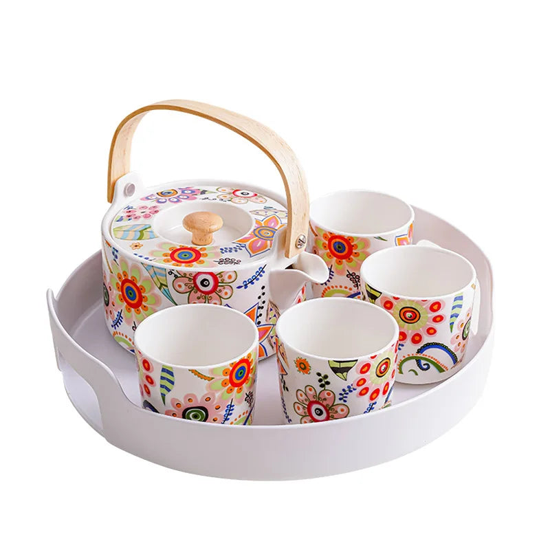 Luxury European 6-Cup Saucer Tea Set Unique Funky Green Clay Ceramic English Bone China Coffee Cups Sale
