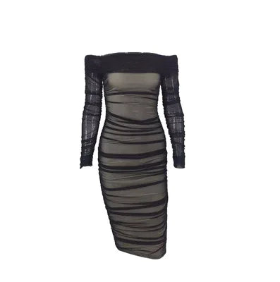 Guangzhou Auyan Casual Ladies Dress Long Sleeve Bodycon with Sequined Decoration off the Shoulder and Natural Waistline