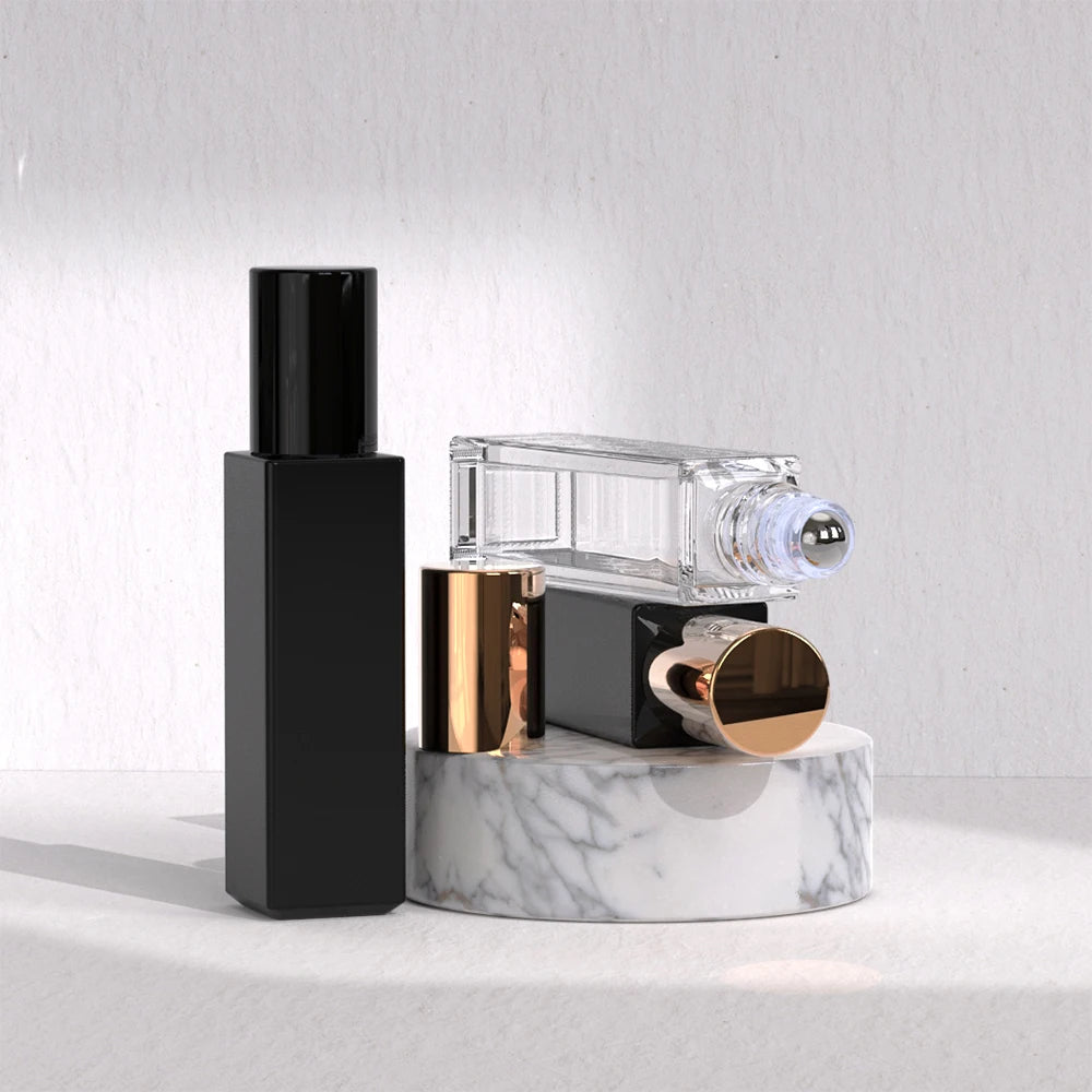 Wholesale 10ml Square Clear Black Glass Perfume Essential Oil Glass Roll on Bottle Roller Bottle