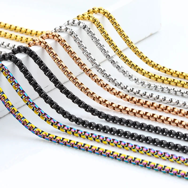 5Color 60cm Stainless Steel Necklace with Square Circular Box Chain Gold Plated DIY Jewelry Making Findings & Components Gifts
