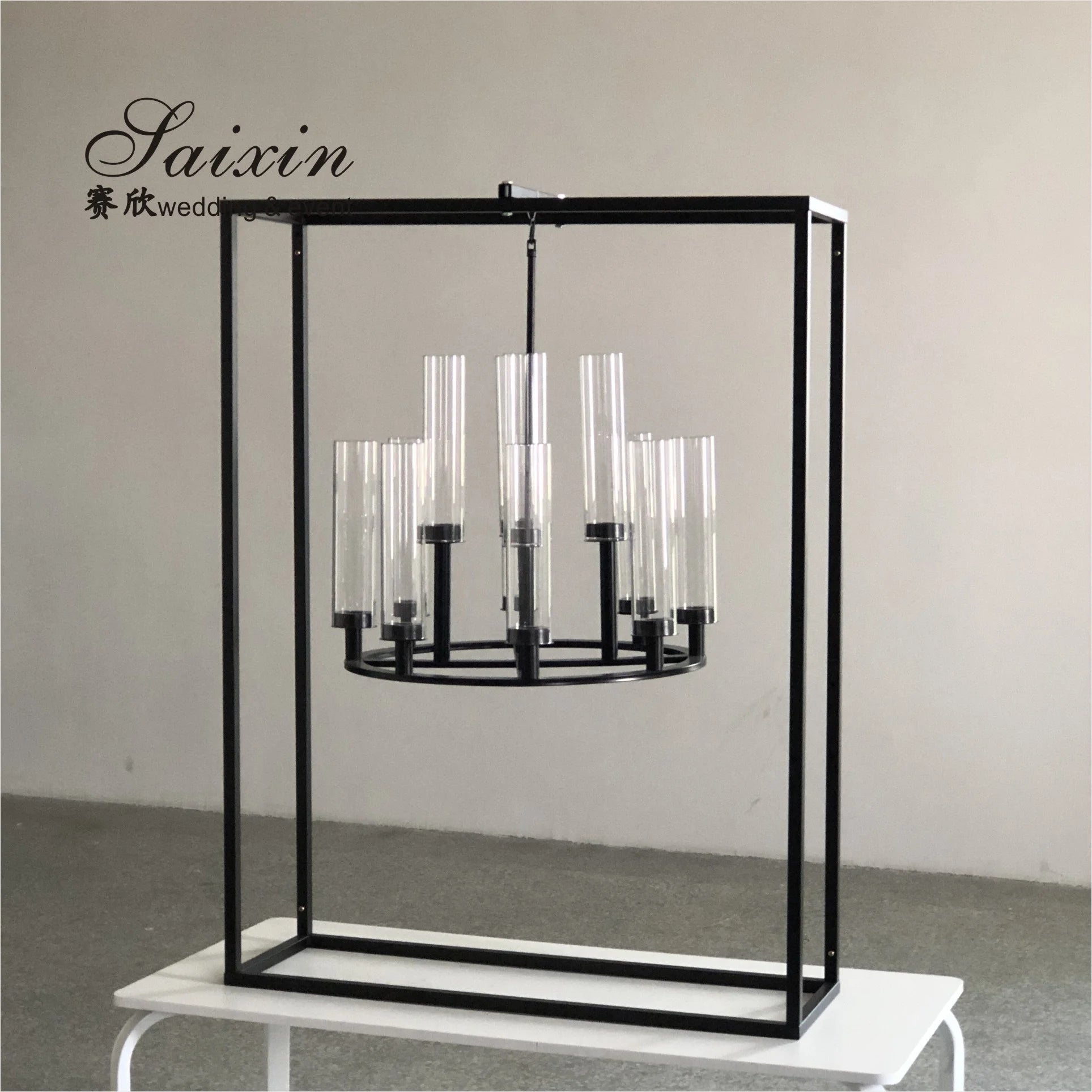 Large Rectangle Table Centerpiece New Black Hanging Chandelier Candlestick Holder with Frame for Party Occasions