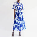 2023 New French Style Woven Eco-Friendly Solid Washable Puff Sleeves Natural Waist Slimming Blue Midi Dress for Women
