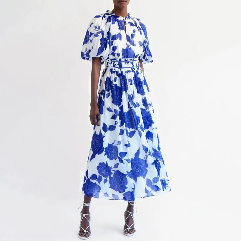 2023 New French Style Woven Eco-Friendly Solid Washable Puff Sleeves Natural Waist Slimming Blue Midi Dress for Women