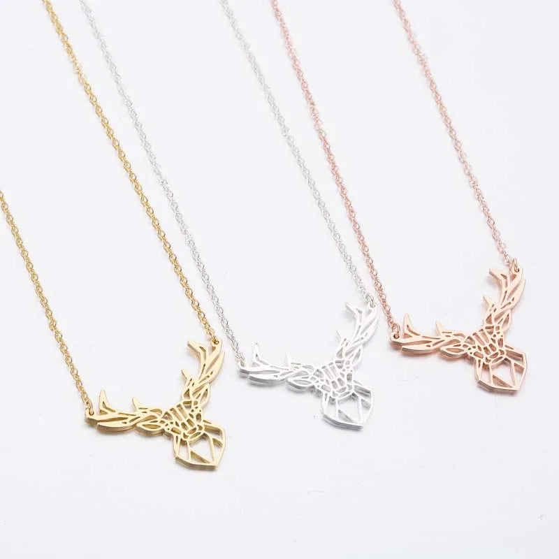 Christmas Gift Gold Plated Stainless Steel Necklace Women Origami Deer Head Pendant Fashion Necklace Jewelry