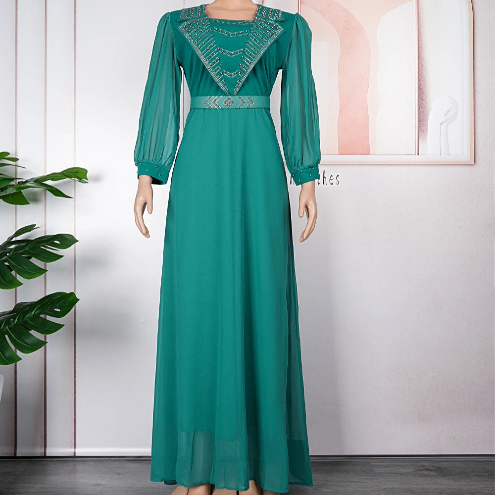 L-3XL Muslim African Women's Large U Neck Beaded Dress Chiffon Commuter Style Swing Long Dress