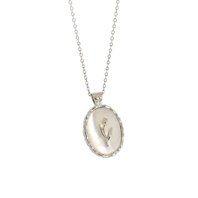 VIANRLA 925 Sterling Silver White Shell Oval Shape Pendant Necklace Gold Silver Flower Necklace