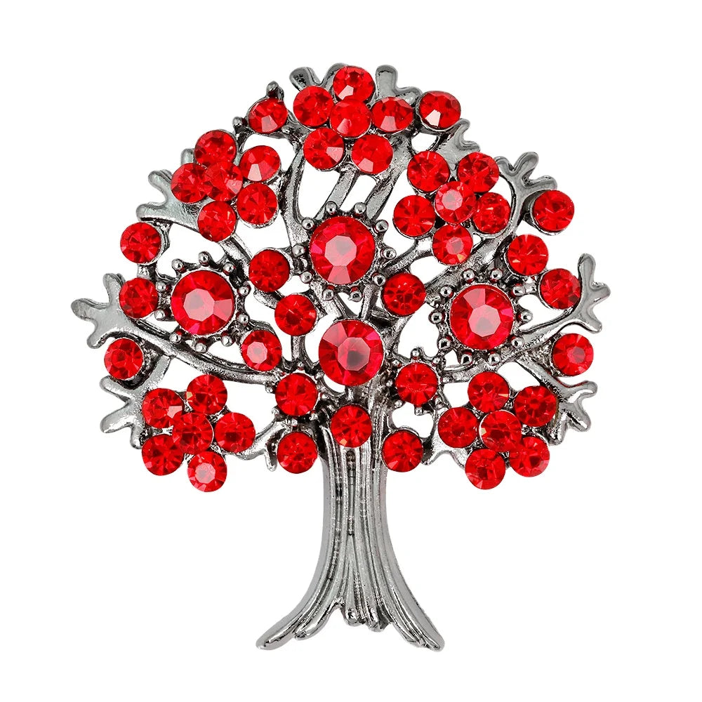 Newest Red Gold Rhinestone Tree Brooch for Gift Glitter Crystal Safety Pin Men Women Garments Jewelry