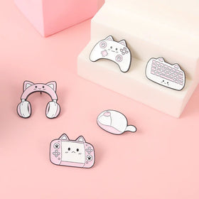 Creative Cute Cat Headphone Game Console Mouse Handle Keyboard Soft Enamel Lapel Pin for Girl Gift