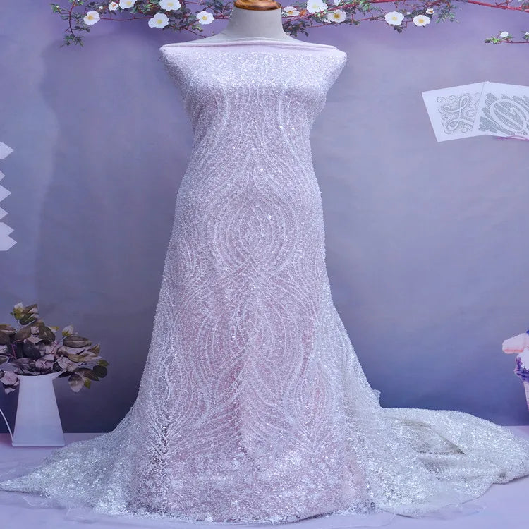 Factory Bridal Lace Trim Embroidery Sequence Net Fabric  Wedding Dress Fabrics Beaded Stones Lace Fabric