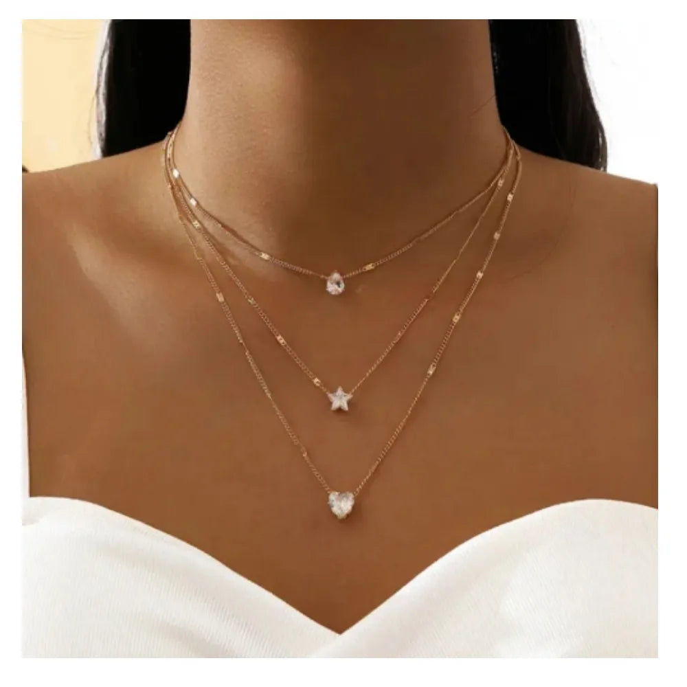 New Fashion Gold Silver Crystal Rhinestone Star Heart Multi Layer Necklace for Women Jewelry