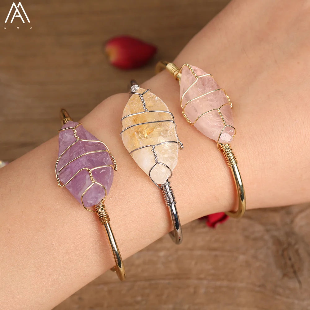 Gold Silver Wire Wrap Copper Bangle Women Jewelry Healing Crystals Amethysts Citrine Rose Quartz Birthstone Cuff Bangles