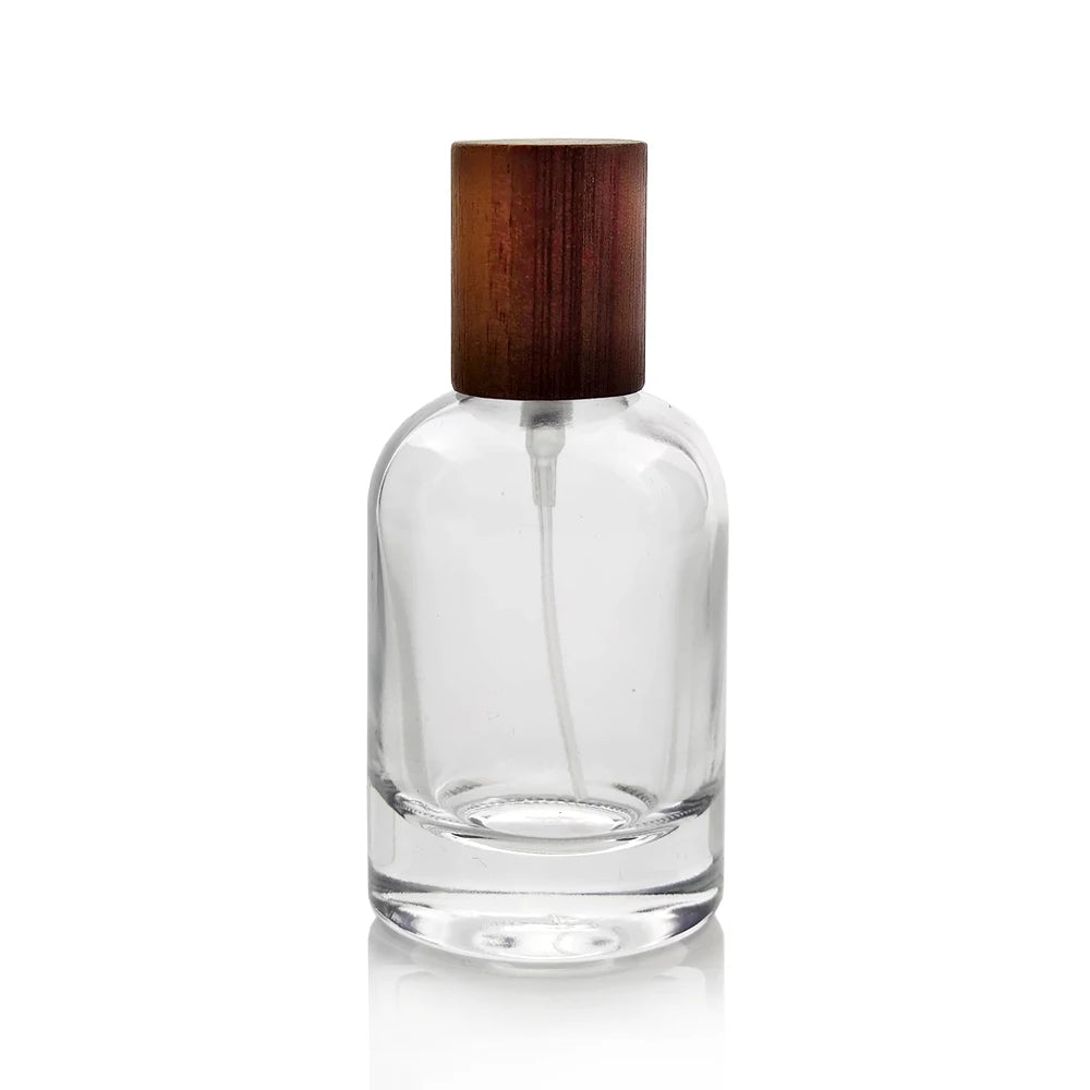 50ml Best Quality High Transparency clear Glass Cylindrical Shaped Oil Perfume Fragrance Bottle with Wood Lid