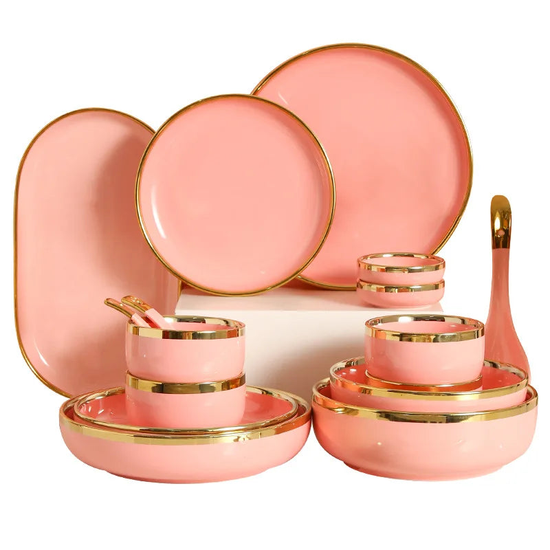 Western Style Black with Golden Rim Plate Bowl Dishes Spoon pink Ceramic  Tableware Set