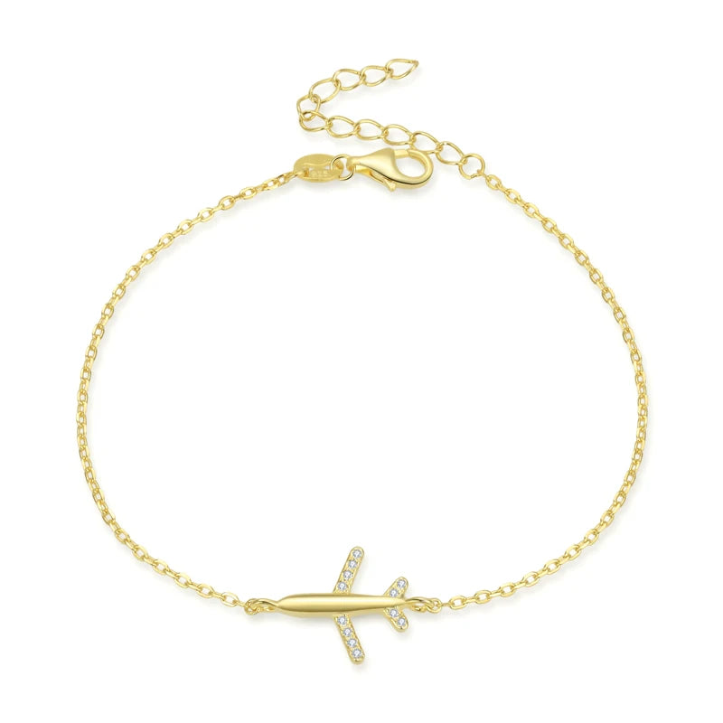 Adjustable 18k Gold Plated Sterling Silver Charm Link Bracelet Cute Delicate Fly Plane Design Zircon for Women Girls' Party Gift