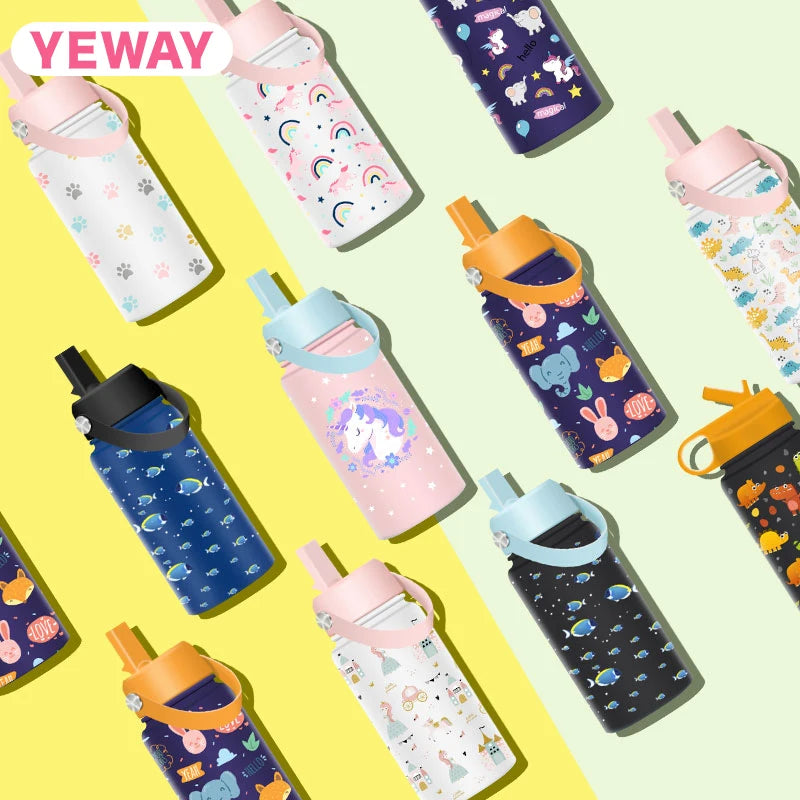 Yeway ODM Custom New Style Vacuum Insulated Stainless Steel Bottle  Kids Cartoon Sippy Cup 12oz Kids Water Bottle with Straw