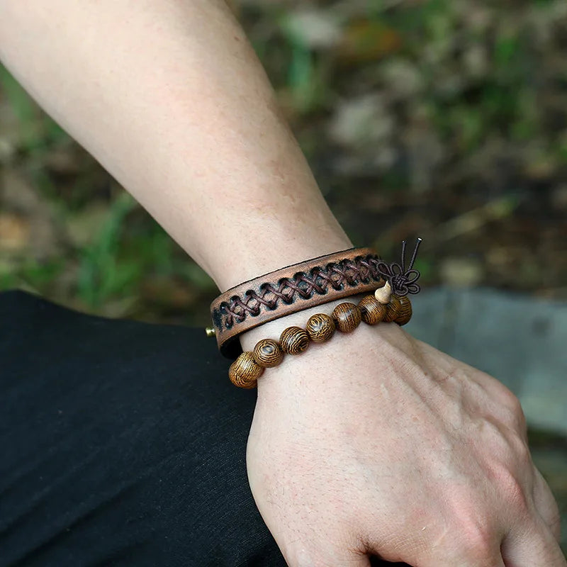 Vintage Genuine Leather Cuff Bracelet with Wood Beads Men's Fashion Jewelry Set Wholesale Available