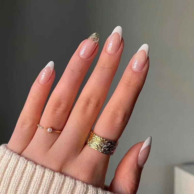 French Short Almond Gold Glitter Nails Tips Full Cover Acrylic Oval False Nails Press on for Women