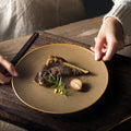 ShengJing Multi Size Brown Spiricle Lines Gold Rim Color Enamel Eco-Friendly Ceramic Porcelain Catering Dinner Plate Sets
