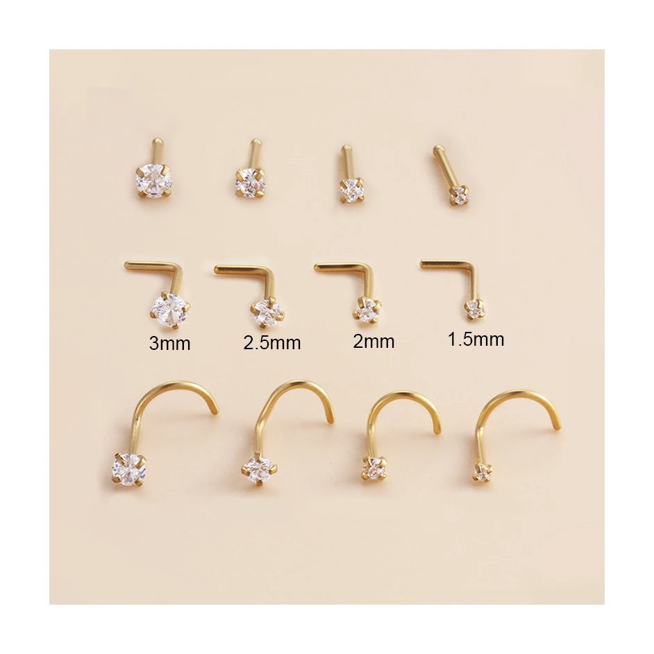 ERESI Stainless Steel Piercing Jewelry L Shaped Nose Studs Flower Cubic Zircon Nostril Bone Screw Indian Nose Ring