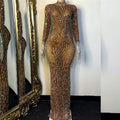 High Collar Long Sleeve Rhinestone Lens Evening Luxury Dress Elegant Long Party Dress Diamond Sequin Body Dress