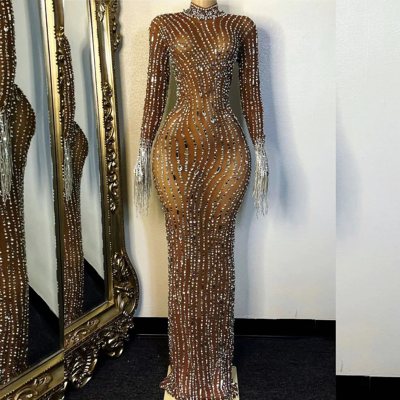 High Collar Long Sleeve Rhinestone Lens Evening Luxury Dress Elegant Long Party Dress Diamond Sequin Body Dress